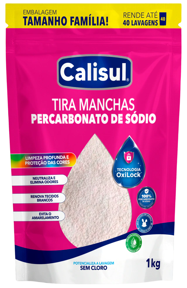 Percarbonato de sódio Calisul 1 kg, embalagem frontal em fundo transparente