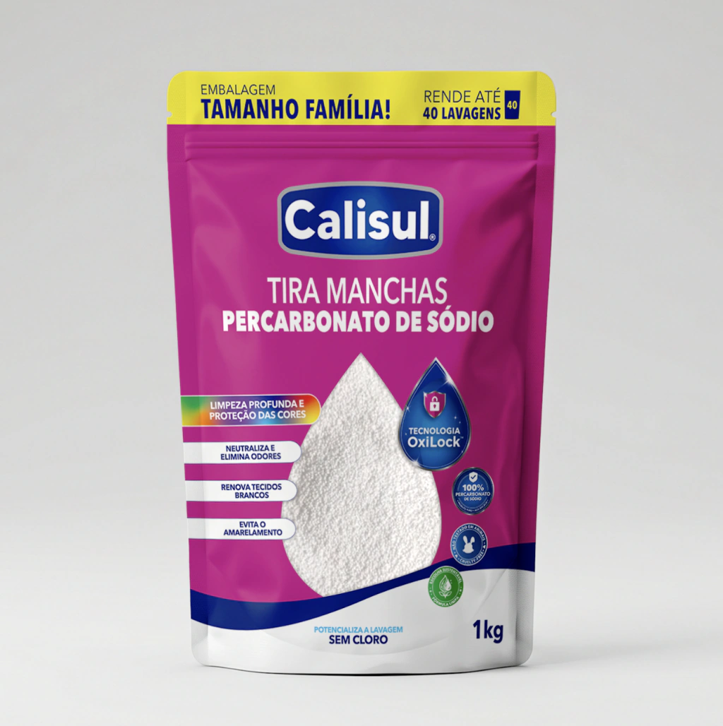 Percarbonato de sódio Calisul 1 kg, embalagem frontal em fundo claro